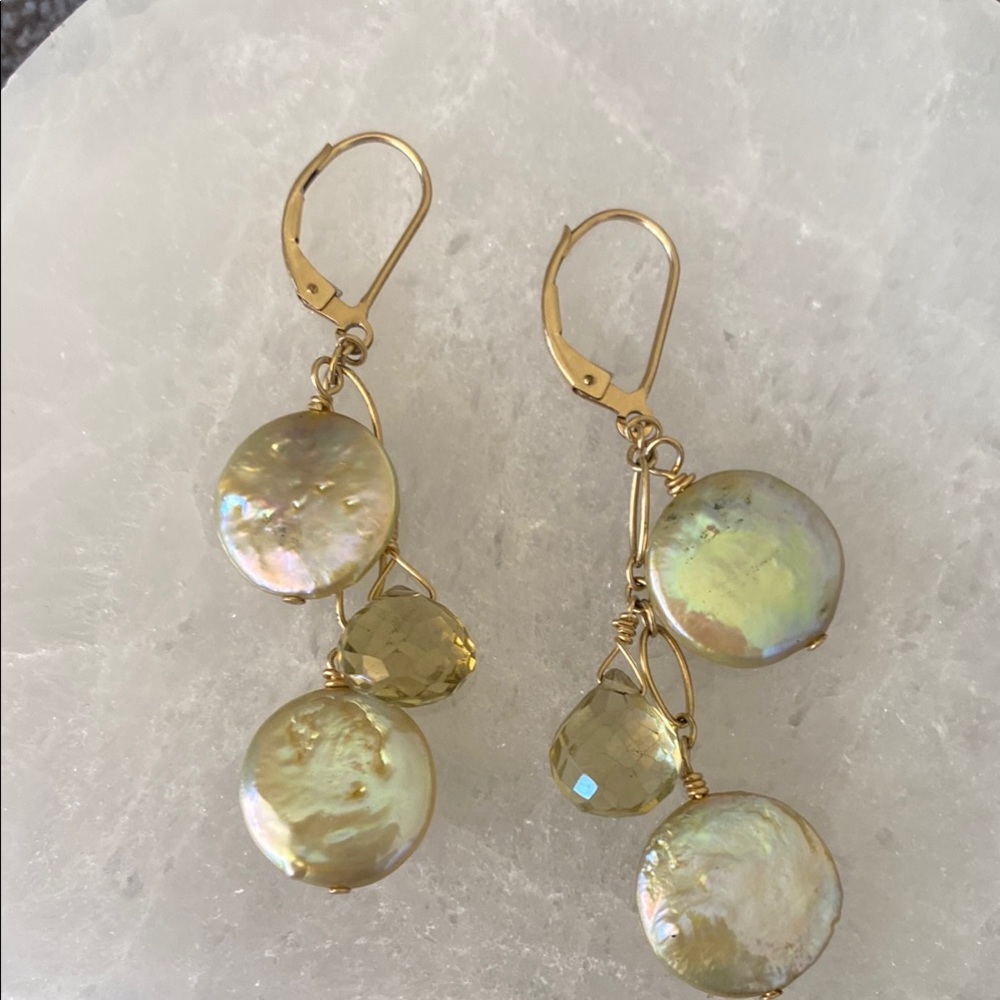14k Gold (gf) Freshwater Pearl and  Peridot Earrings